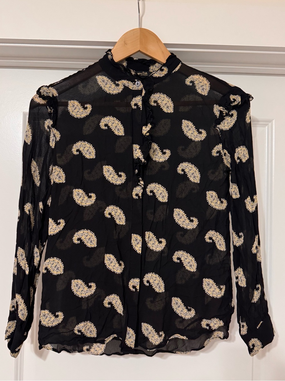 Massimo Dutti Black Paisley Sheer Ruffle Blouse Size 2 Made in Portugal